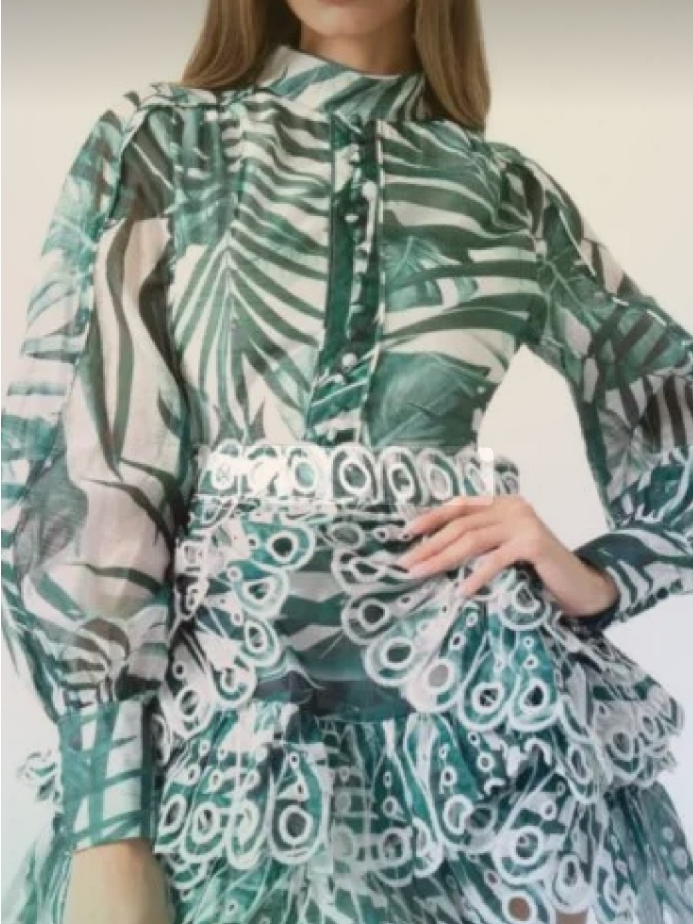 L'ATISTE Emerald Green Leaf-Print Tiered Sheer Dress